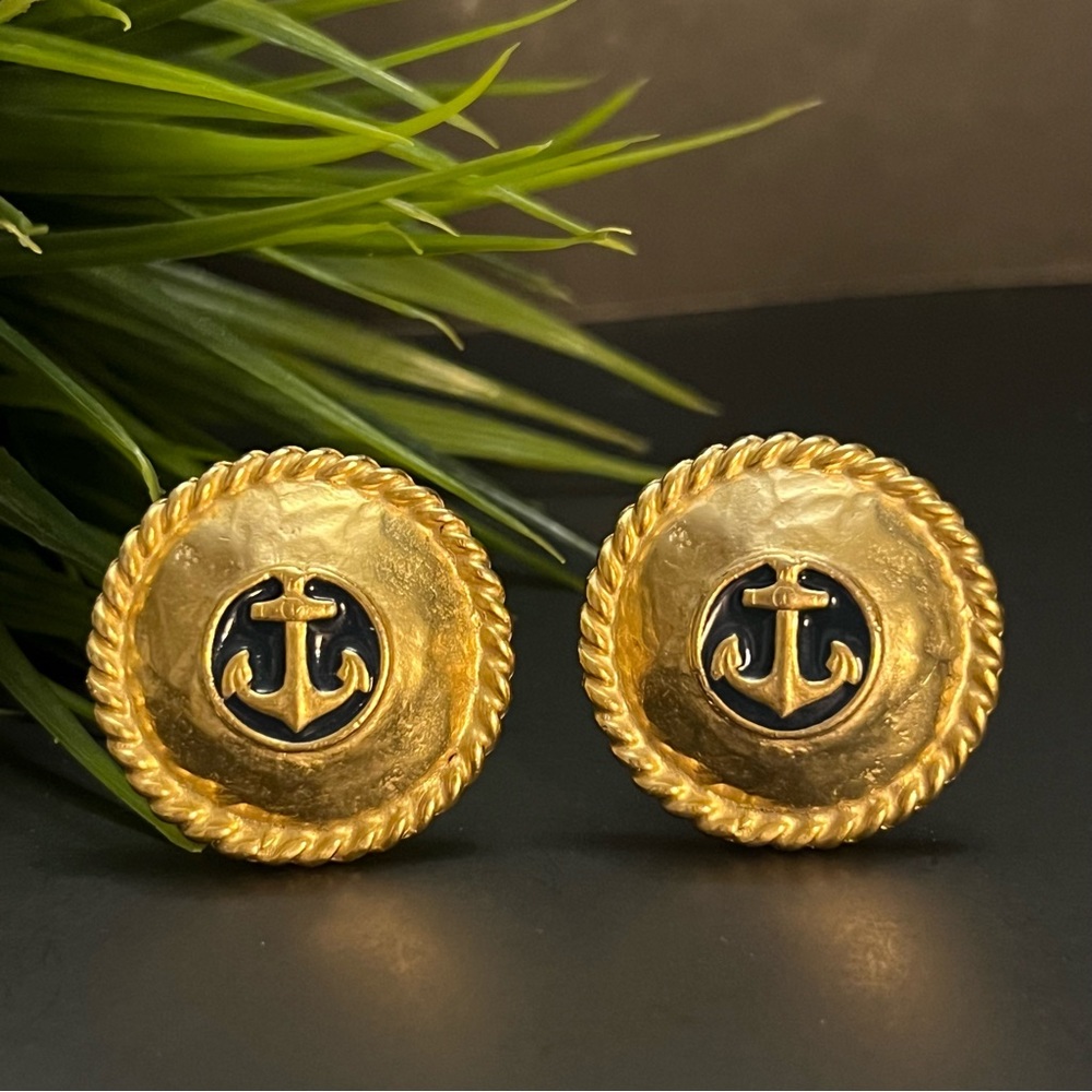 VTG Gold Plated Navy Blue Enamel Oversized Button Nautical Anchor Clip Earrings
